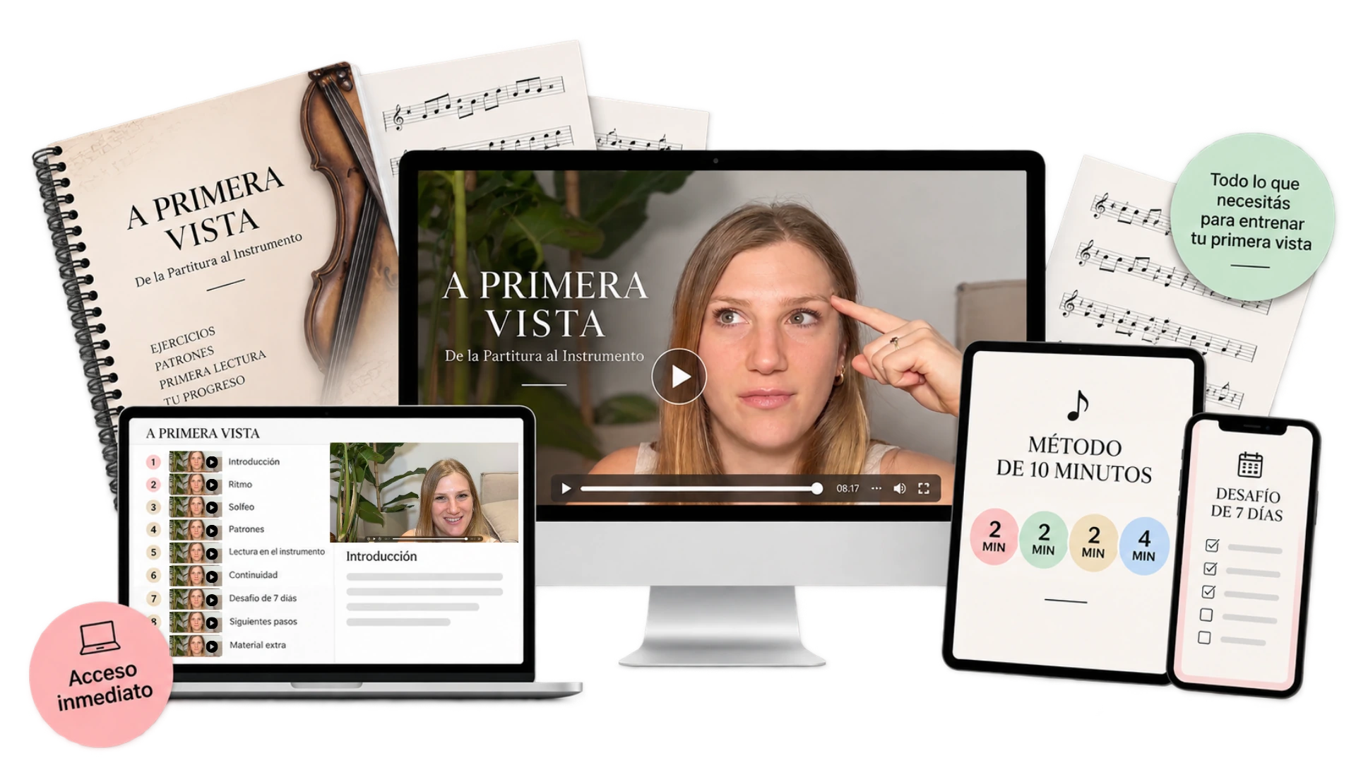 A Primera Vista: clases en video, Método de 10 Minutos, cuaderno de entrenamiento y desafío de 7 días