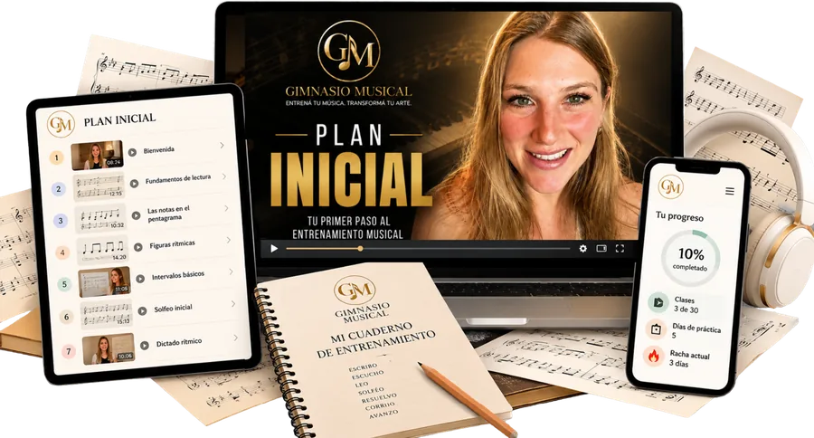 Plan Inicial de Gimnasio Musical en computadora, tablet y celular, con el cuaderno de entrenamiento