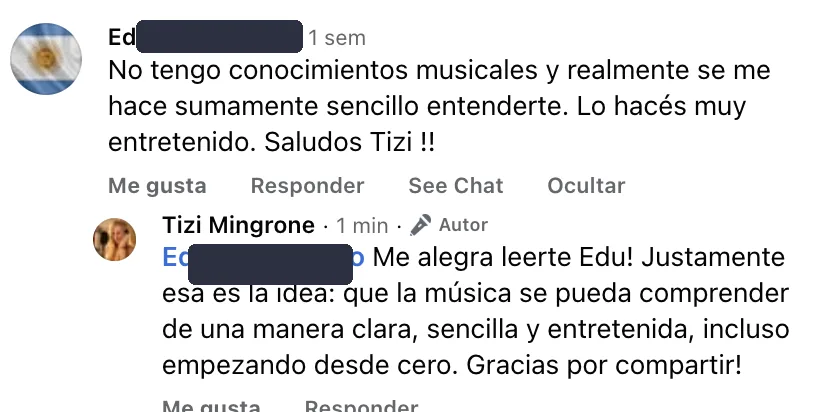 Comentario de Facebook de un alumno: No tengo conocimientos musicales y realmente se me hace sumamente sencillo entenderte. Lo hacés muy entretenido.